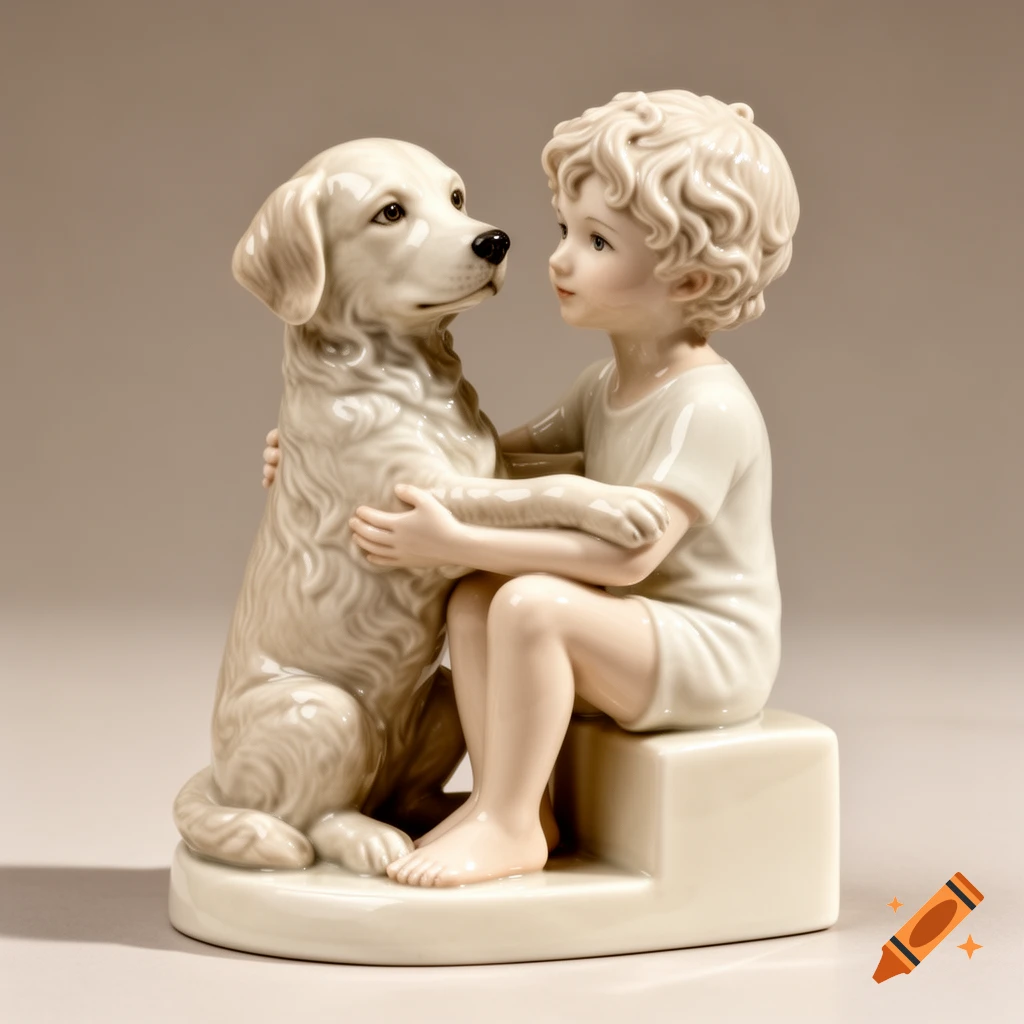 Porcelain sculpture of a boy with curly hair embracing a golden retriever dog, both looking at each other.