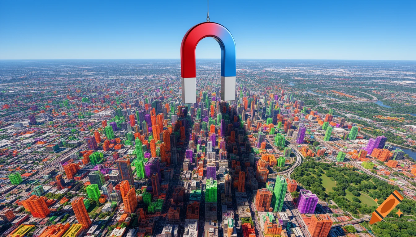 A giant red and blue horseshoe magnet hovers over a sprawling, colorful city with buildings in various vibrant hues under a clear blue sky.