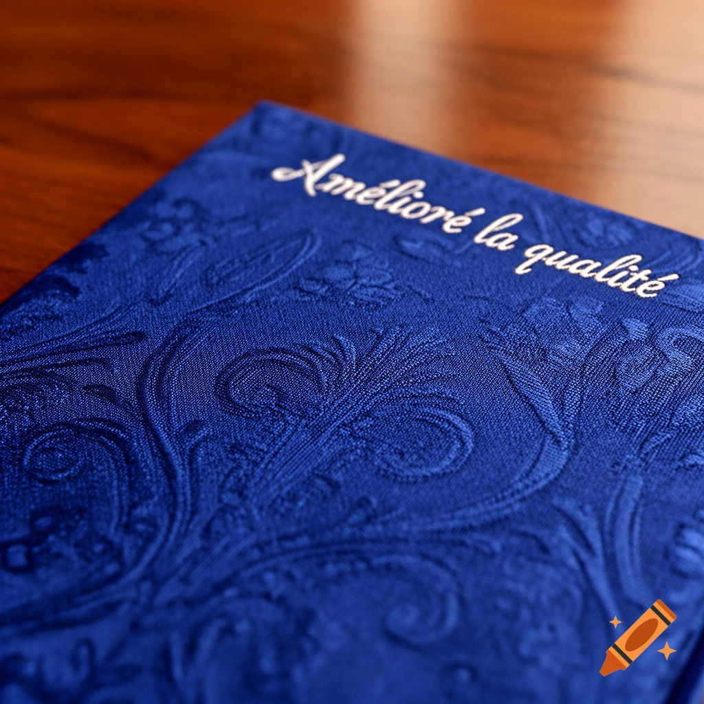 Close-up of a blue textured book cover with the words 'Amélioré la qualité' in white script.