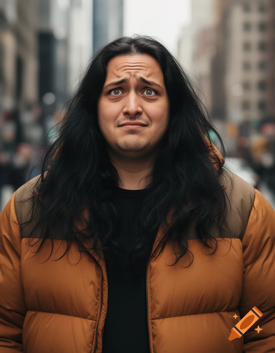 A photorealistic portrait of a man with long black hair and a confused expression, wearing a brown puffy jacket, standing on a city street.