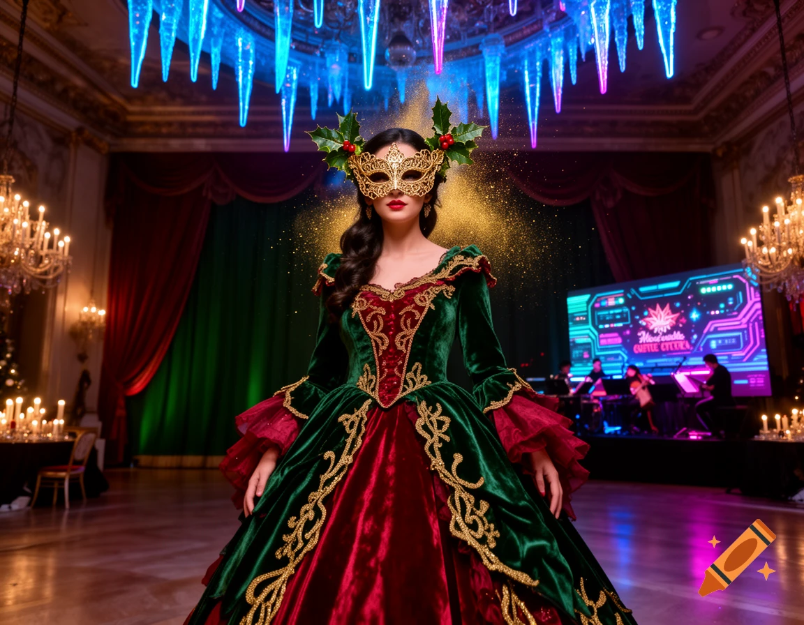 An ultra-realistic woman in an emerald green and ruby red velvet gown and gold masquerade mask at a cyberpunk Christmas ball.