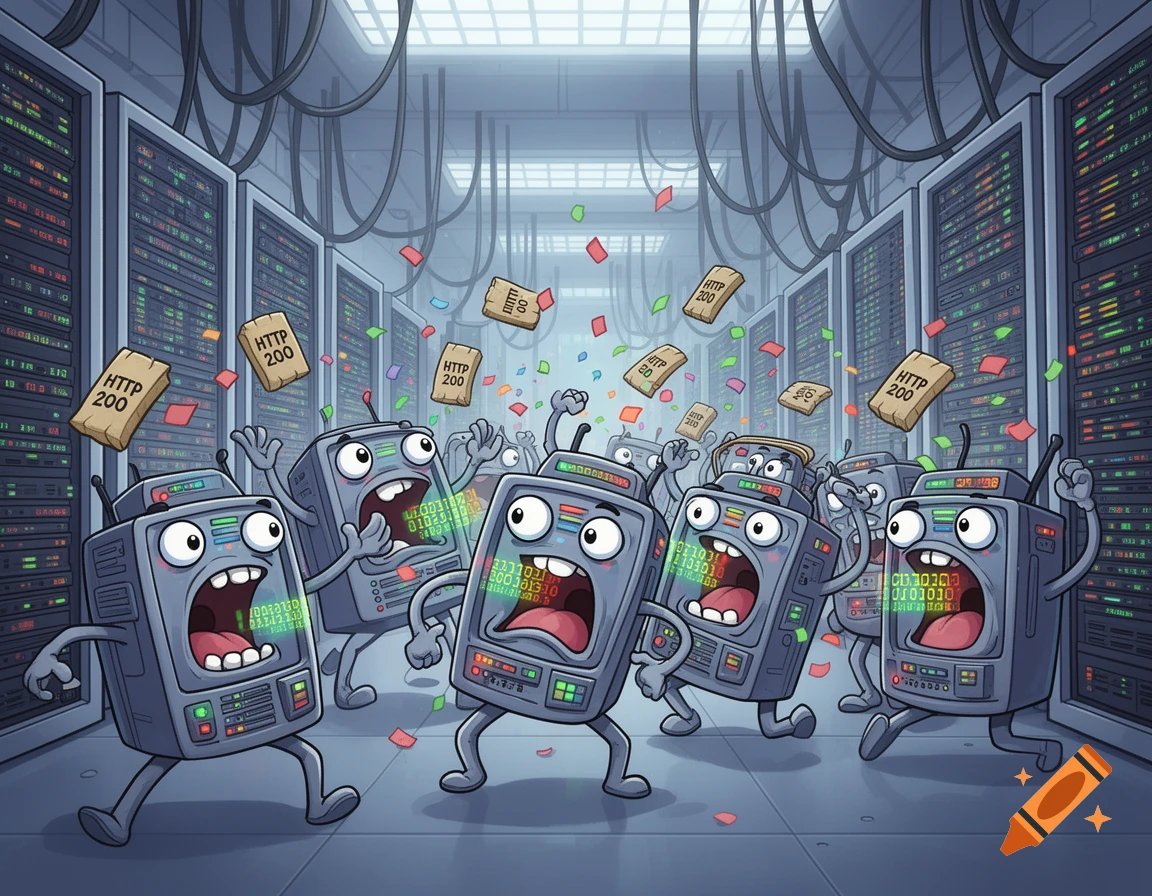 Cartoon servers cheer amidst falling 'HTTP 200' packets and confetti in a chaotic data center.