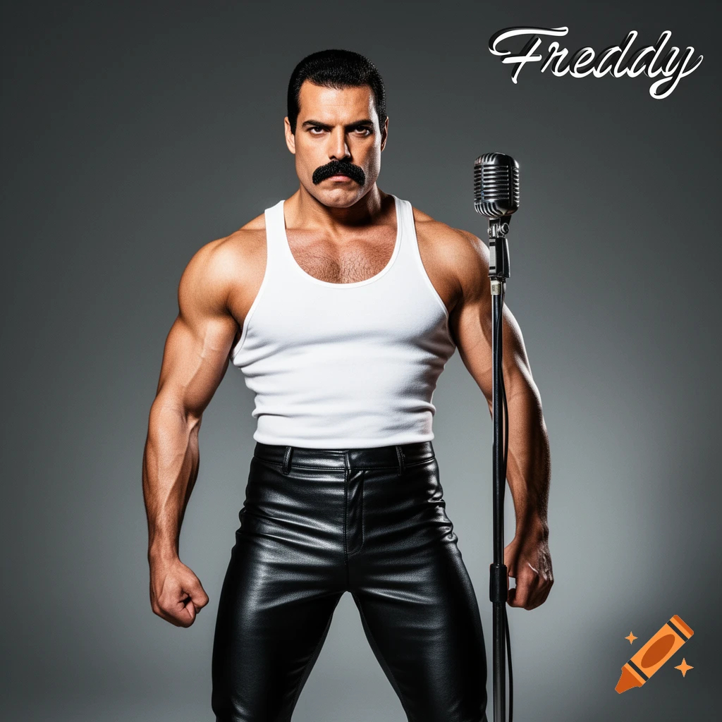 A muscular man with a mustache, resembling Freddie Mercury, in a white tank top and black leather pants, stands next to a vintage microphone.