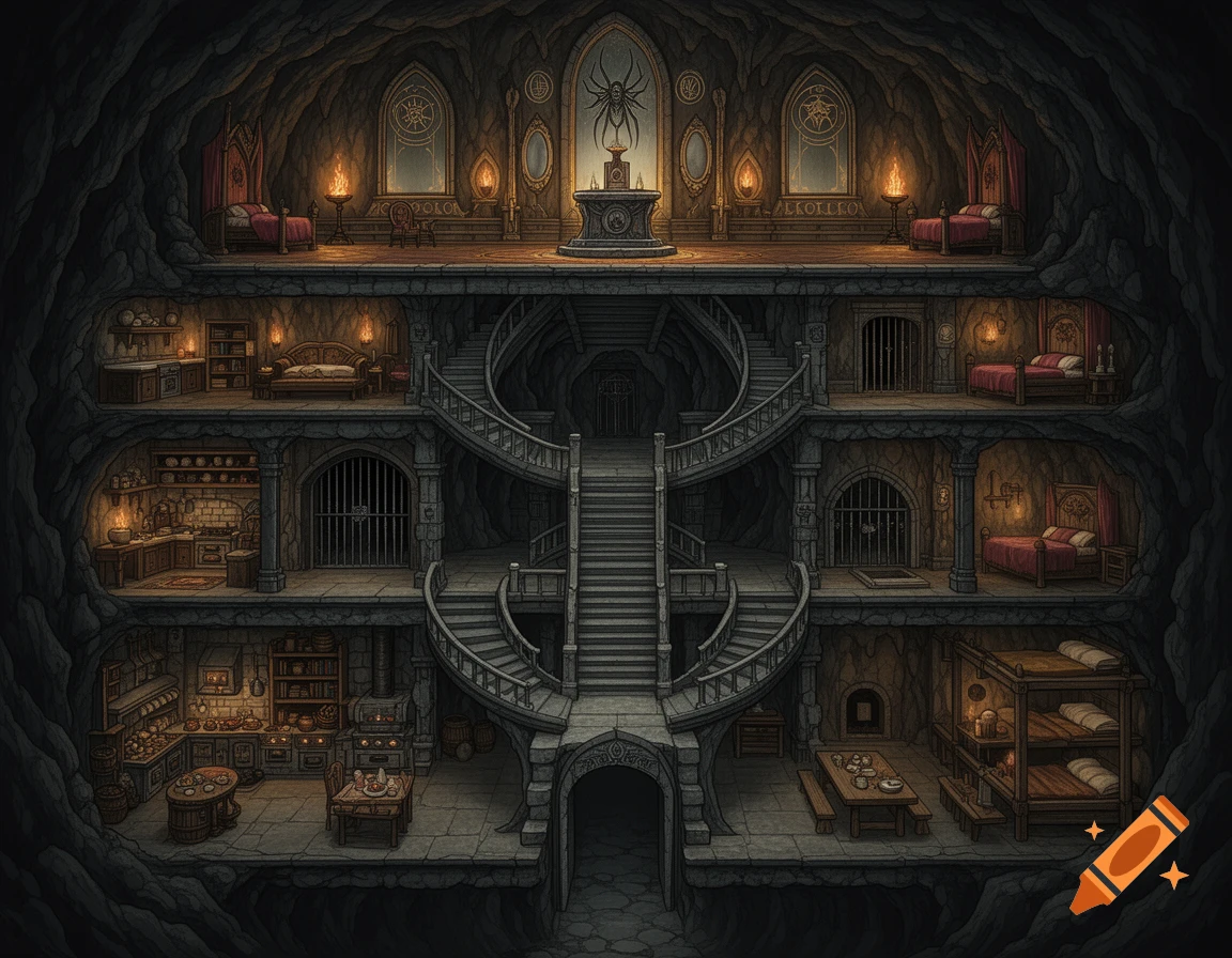 Detailed cutaway isometric view of a multi-level medieval fantasy cave fortress, featuring kitchens, bedrooms, prisons, and a central staircase.