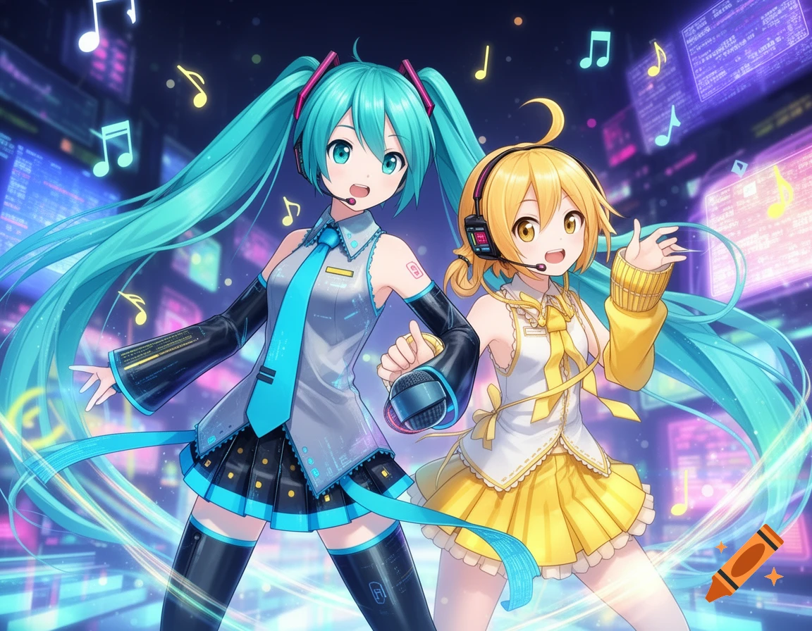 Anime characters Hatsune Miku and Rin Kagamine sing on a futuristic stage with glowing screens and musical notes.
