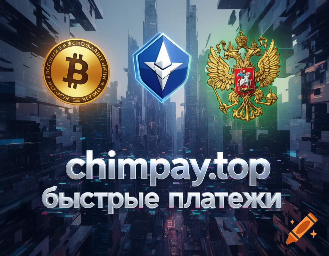 Digital image with Bitcoin, Ethereum, and Russian coat of arms logos above 'chimpay.top быстрые платежи' text, set against a futuristic cityscape.