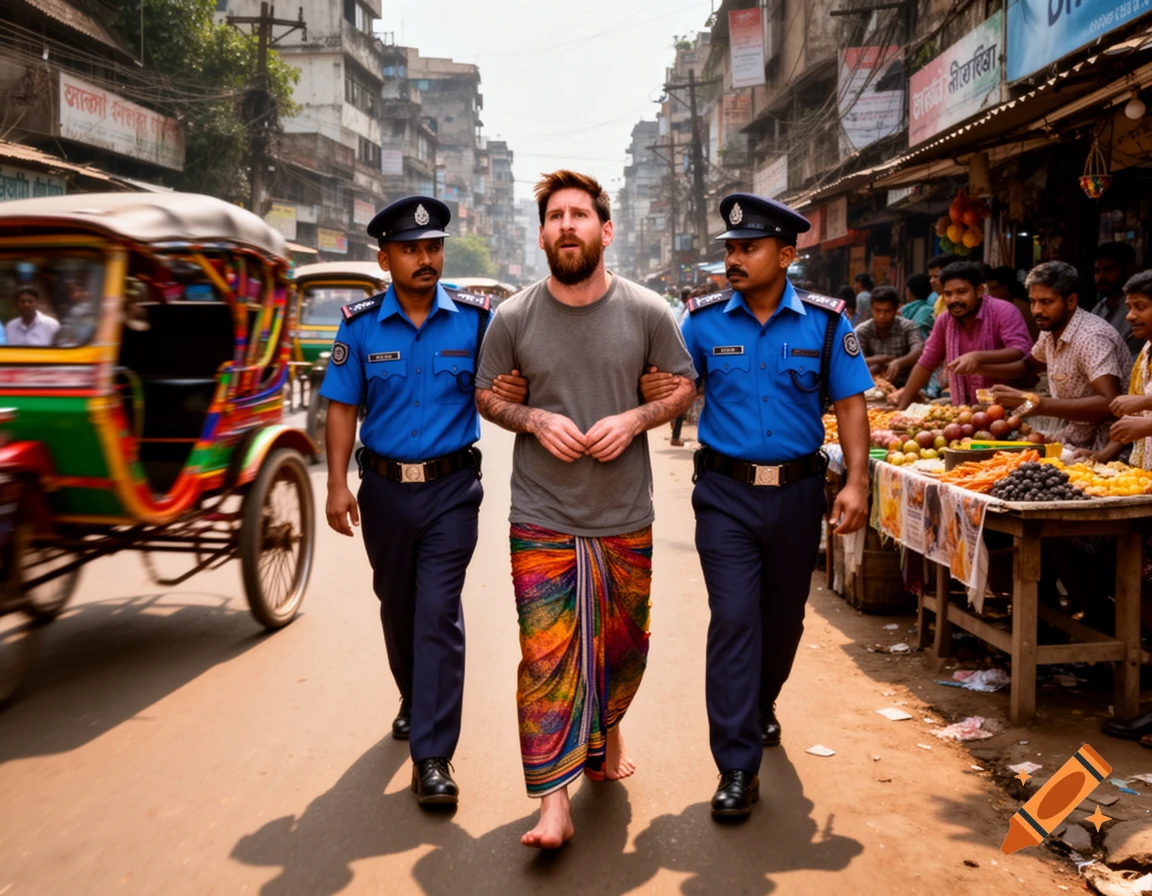 Photorealistic image of Lionel Messi, wearing a lungi and t-shirt, being escorted by two police officers through a bustling street market in Dhaka.