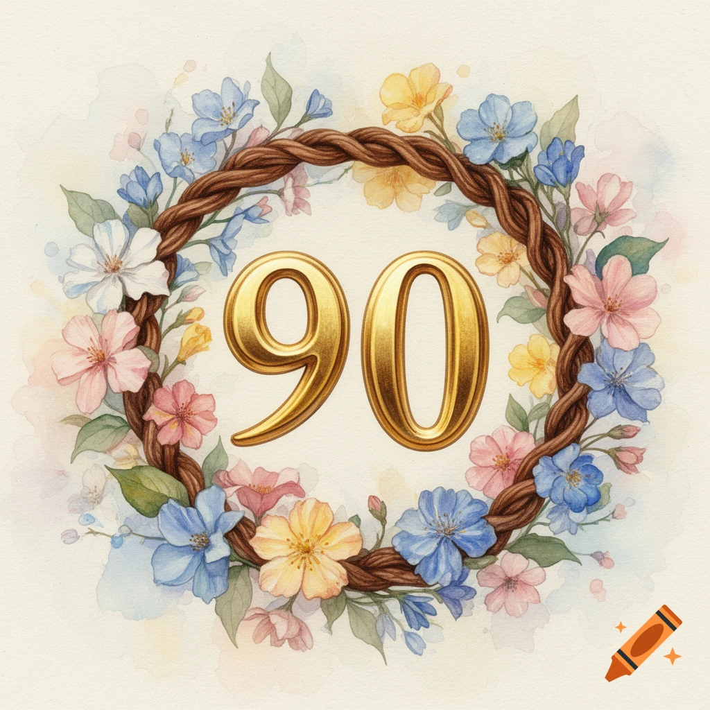 Golden number 90 in a brown rope wreath adorned with blue, pink, yellow, and white watercolor flowers.