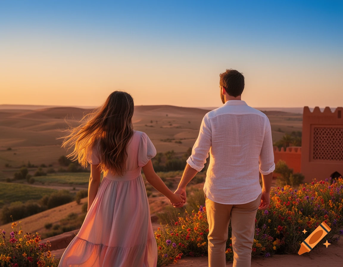 A couple holding hands, viewed from behind, watching a desert sunset over a Moroccan-style building and wildflowers.