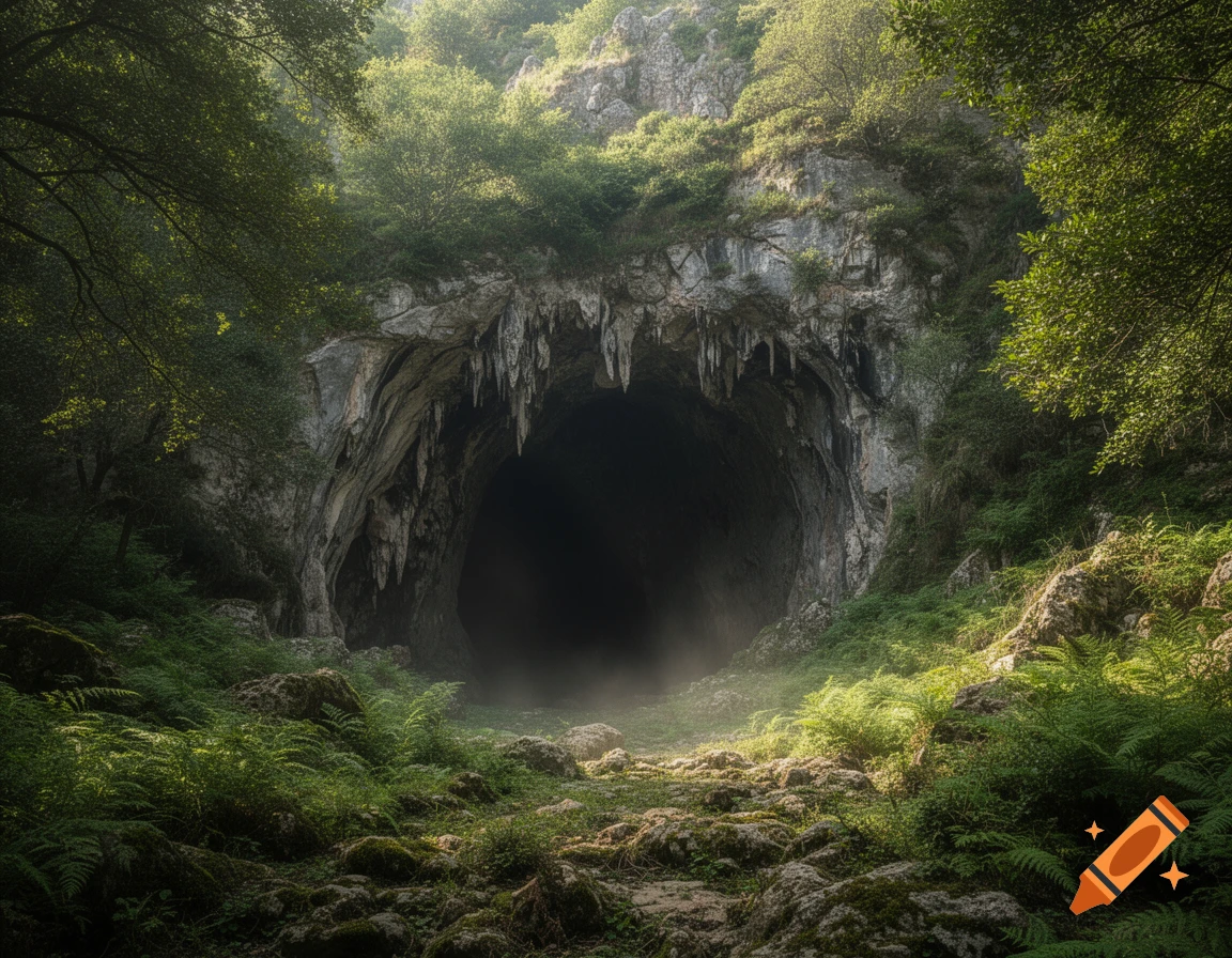 A dark cave entrance adorned with stalactites, surrounded by lush green ferns and sun-dappled trees, with a misty foreground.