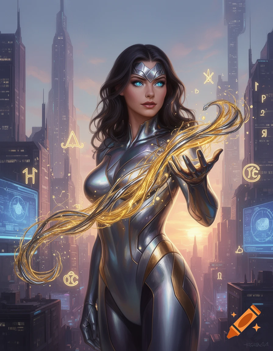 A female superhero in a silver and gold metallic suit with glowing blue eyes, manipulating golden energy amidst a futuristic city skyline with glowing symbols.