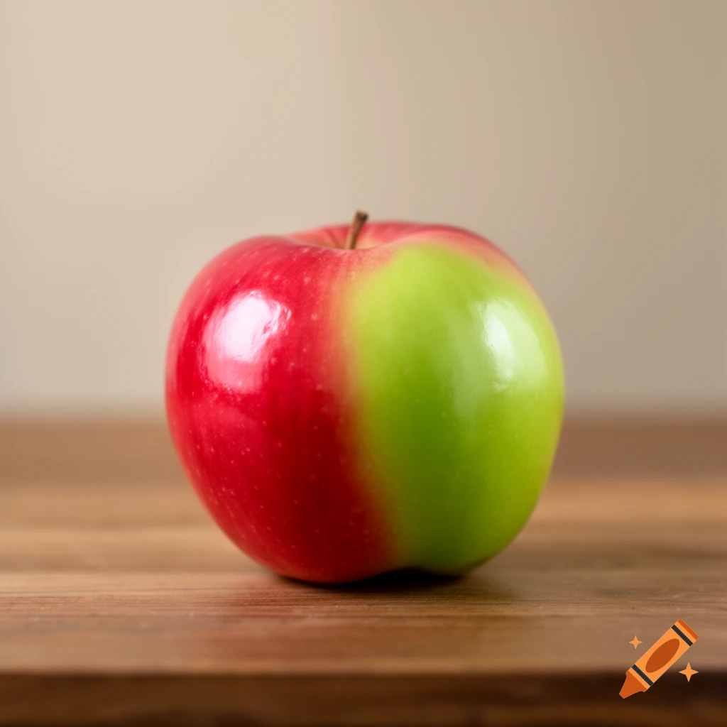 A perfectly split apple, half bright red and half vibrant green, rests on a wooden table.