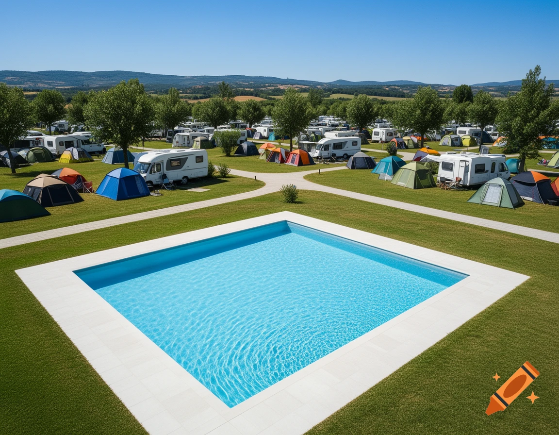 A square swimming pool in the foreground, with a large campsite featuring many tents and RVs under a clear blue sky in the background.