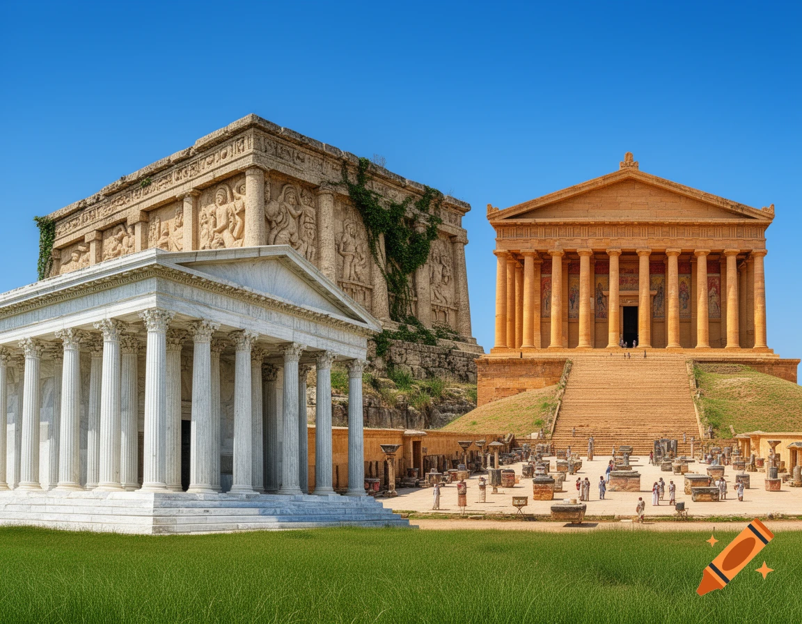 Ancient white and orange stone temples with columns and intricate carvings, set on grassy hills under a clear blue sky.