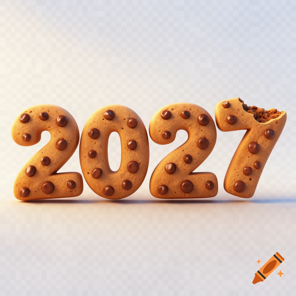 3D render of chocolate chip cookie numbers forming '2027', with a bite taken out of the '7', on a transparent background.
