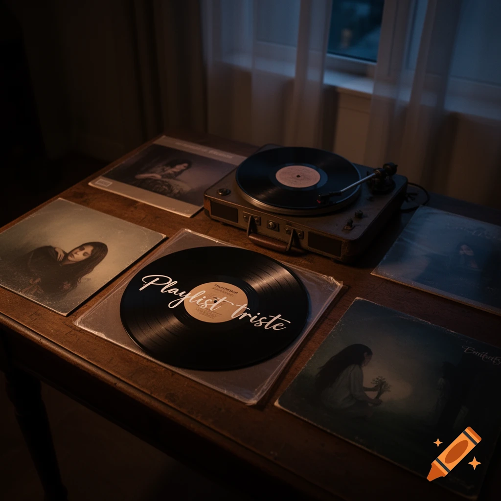 A vintage turntable sits on a wooden table surrounded by several vinyl records, one labeled 'Playlist triste', in a dimly lit, moody scene.