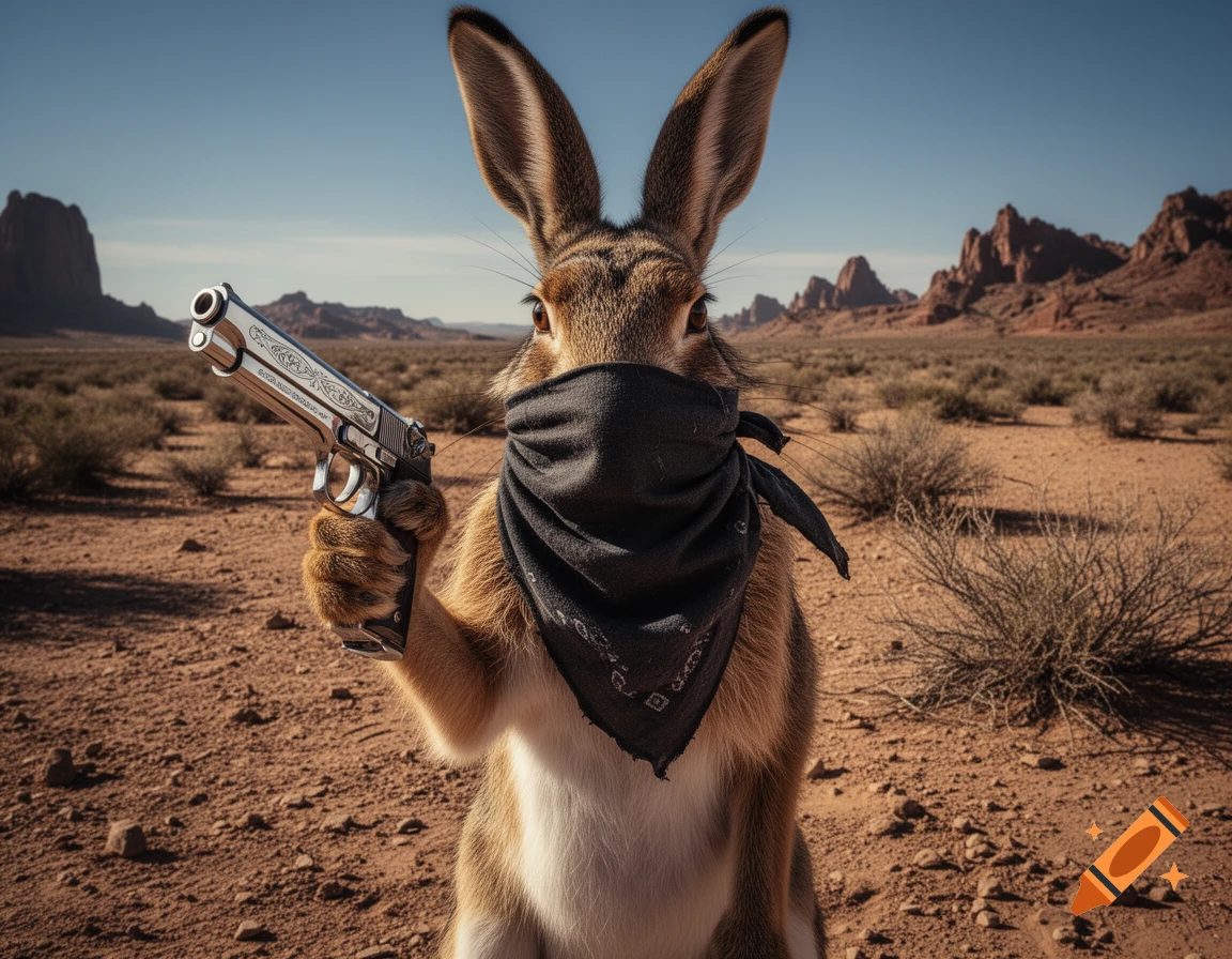 A rabbit wearing a black bandana over its mouth, holding a silver pistol, stands in a desert landscape.