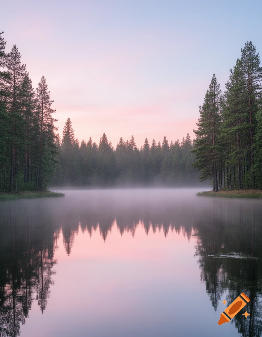 Misty lake reflecting a pastel pink and blue sunrise sky, flanked by tall green pine trees.