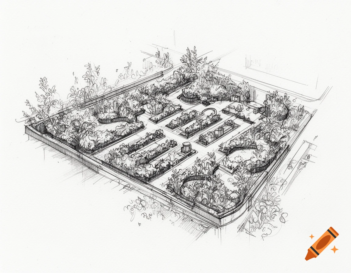 Isometric black and white sketch of a formal garden plan with varied plant beds and paths.
