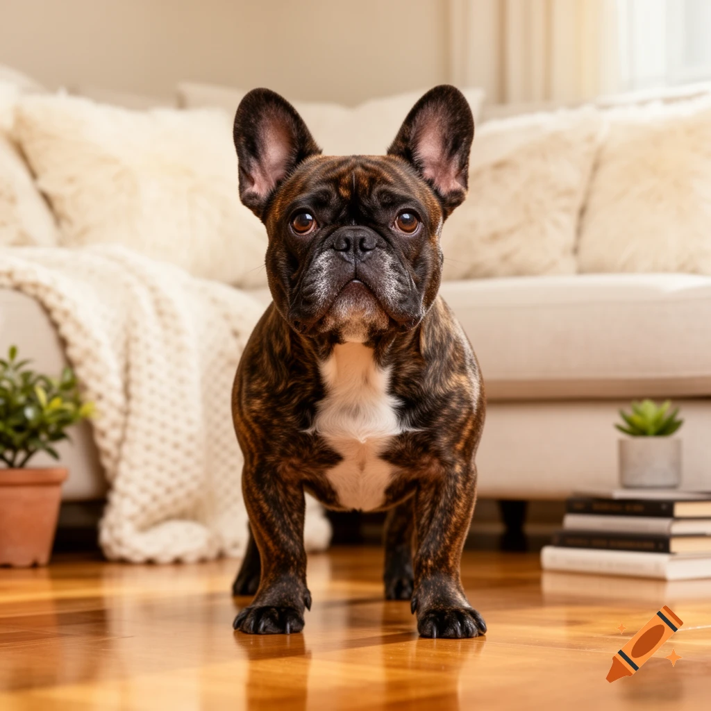 A brindle French bulldog stands on a wooden floor in a living room, looking directly at the viewer.