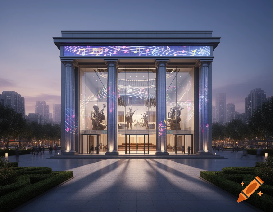 A modern classical-style building with a glass facade, illuminated musical notes, and musician statues at dusk in a city.