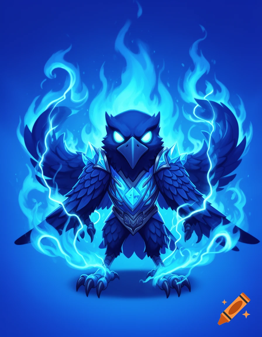 A stylized blue crow-like creature with glowing eyes and crystal-like armor, surrounded by electric blue flames and lightning.