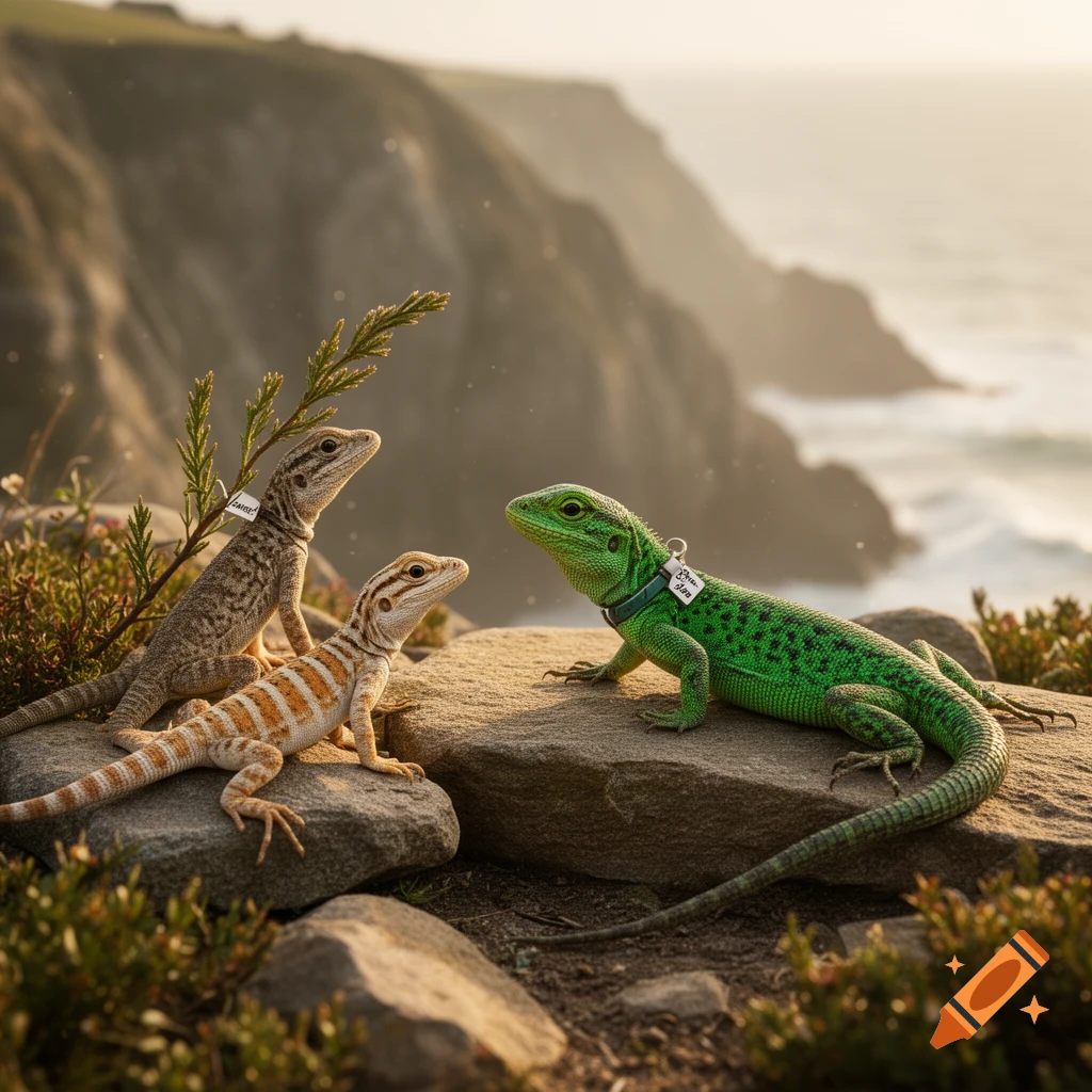 Three lizards, one green, one brown, and one striped, sit on rocks overlooking a dramatic coastline at sunset.