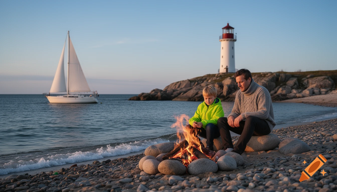 A father and son sit by a campfire on a pebble beach with a sailboat and lighthouse in the background at sunset.