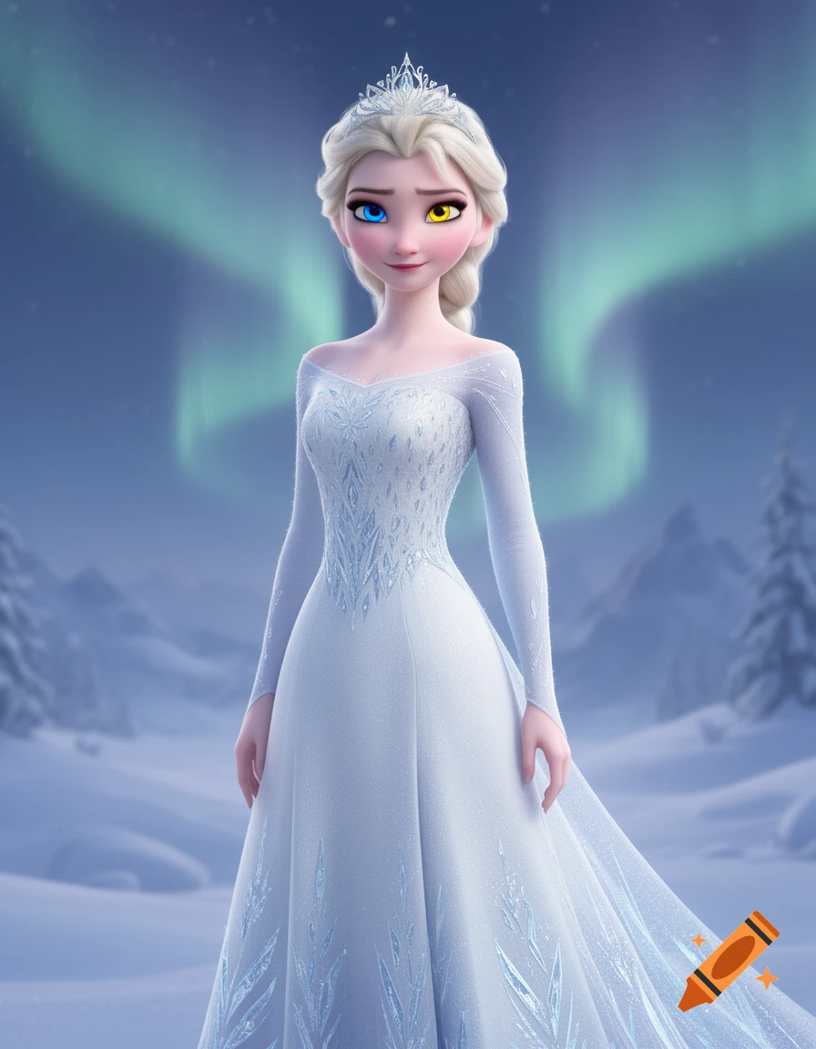 Elsa in a white dress and tiara, with one blue and one yellow eye, standing in a snowy landscape under green aurora.