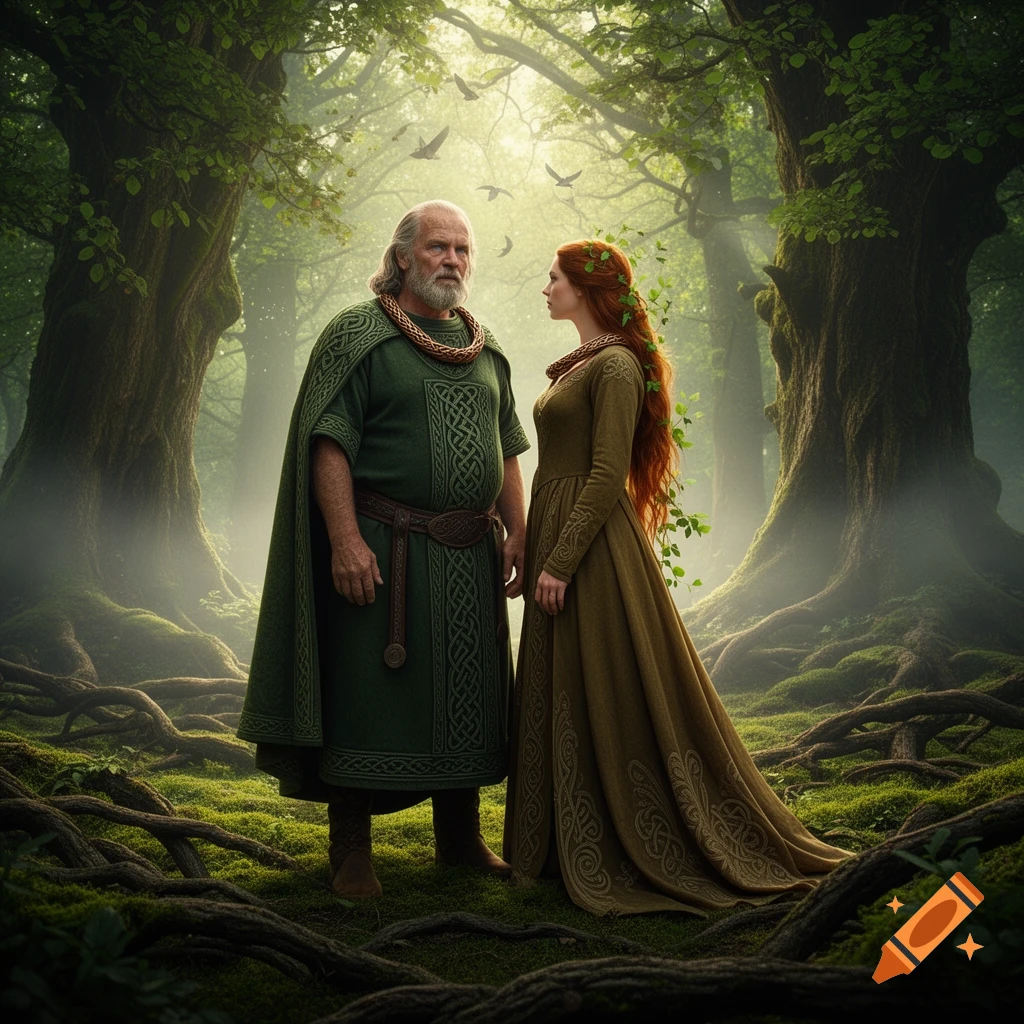 An old man and a red-haired woman in green Celtic attire stand in a mystical, misty forest with large trees and roots.