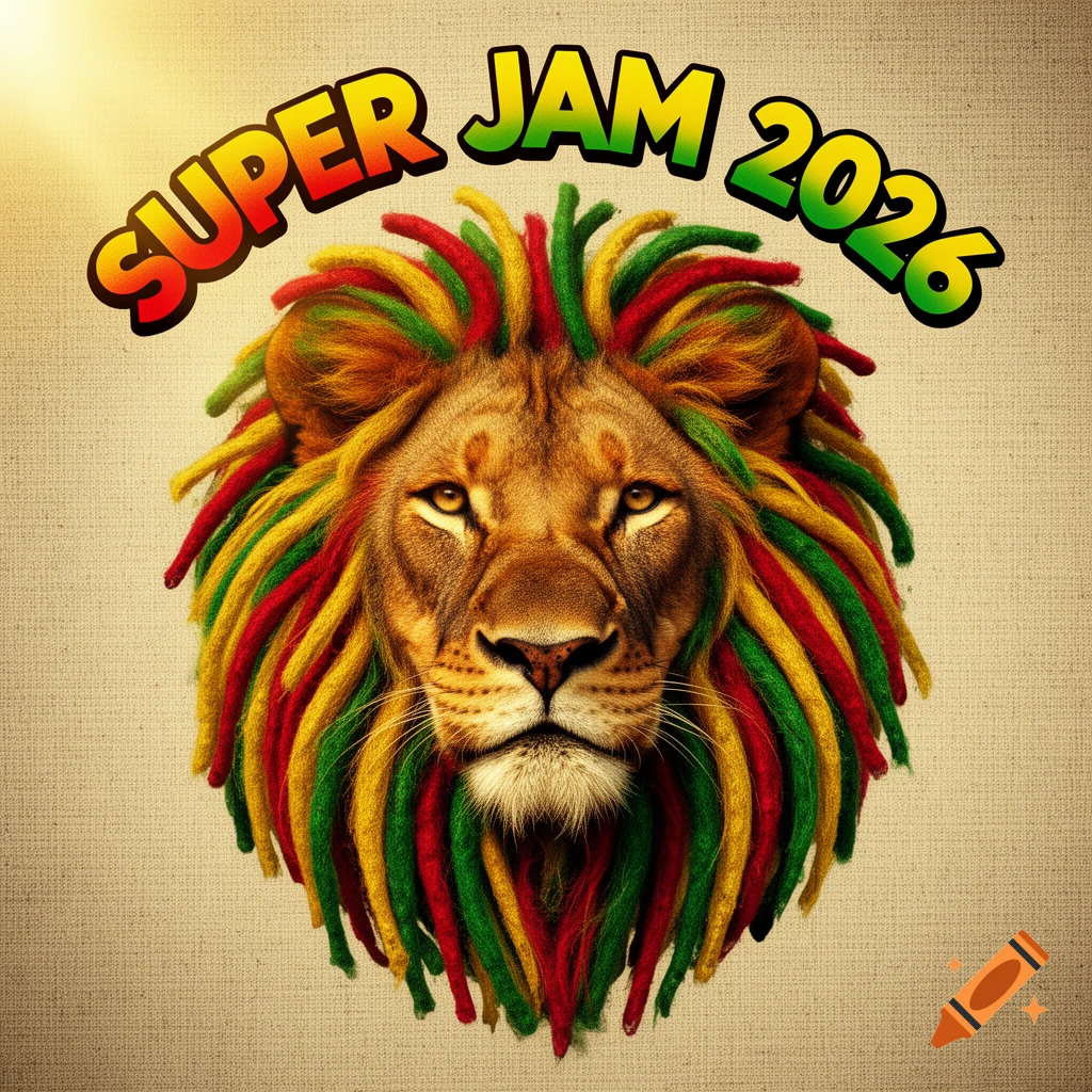 A lion's head with red, yellow, and green rasta dreadlocks, with SUPER JAM 2026 text above.