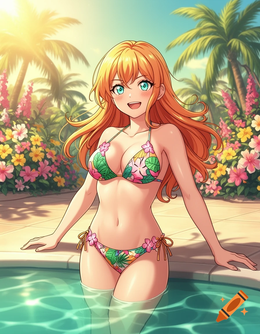 Anime woman with orange hair smiling in a floral bikini, standing in a sunny tropical pool with palm trees and flowers.