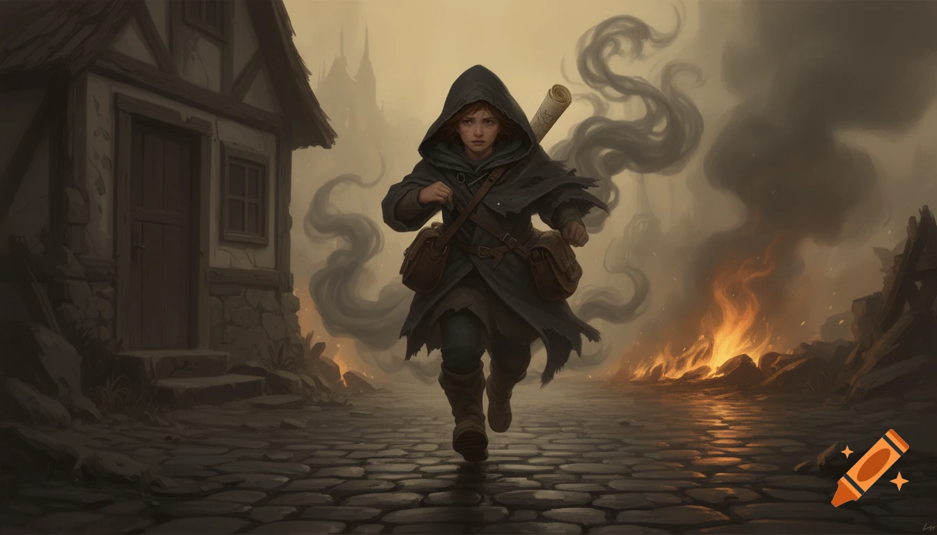 A young person in a dark hooded cloak runs through a burning medieval town with smoke and fire reflected on wet cobblestones, in a painterly fantasy illustration style.