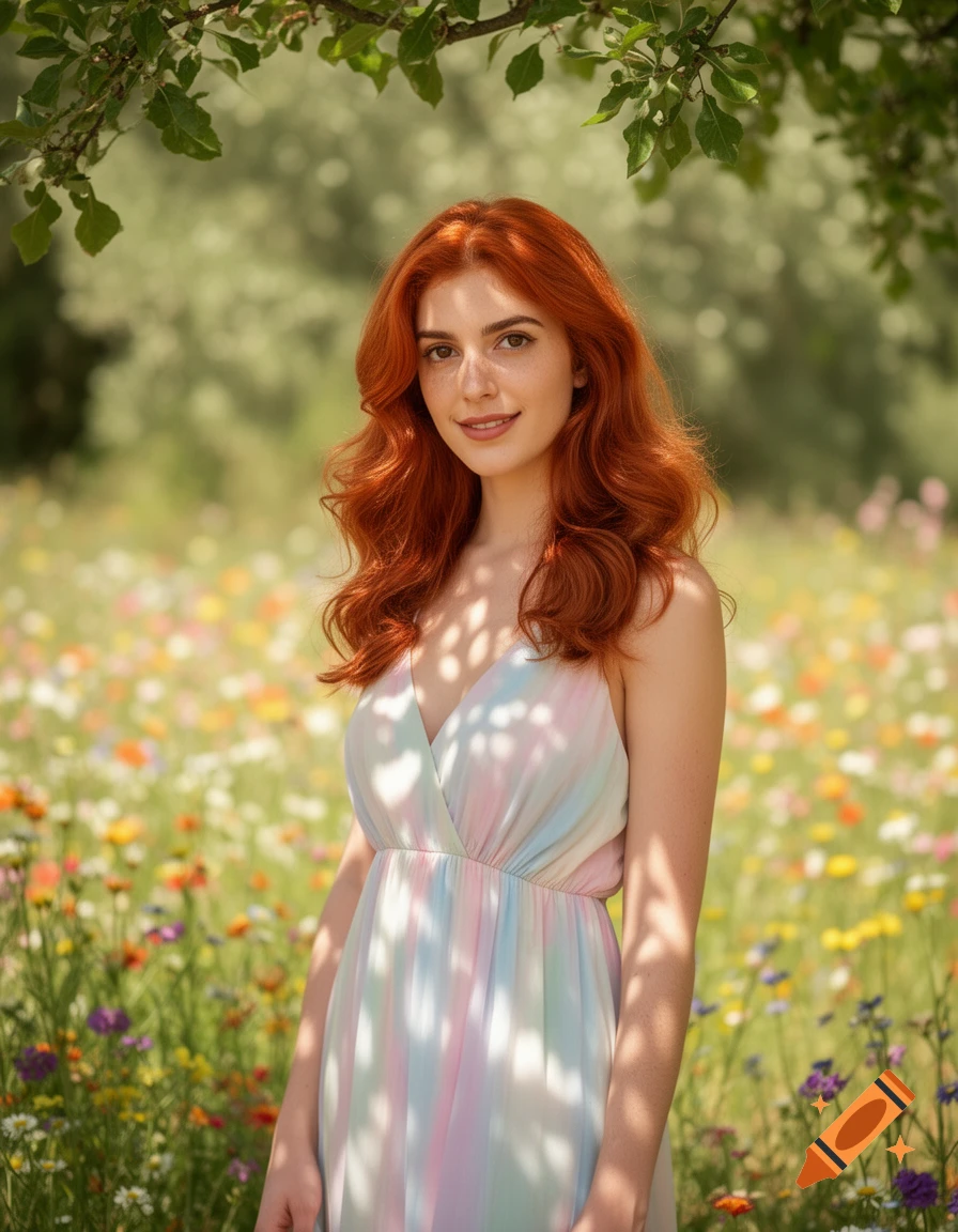A smiling red-haired woman in a pastel dress stands in a vibrant wildflower field under dappled sunlight.