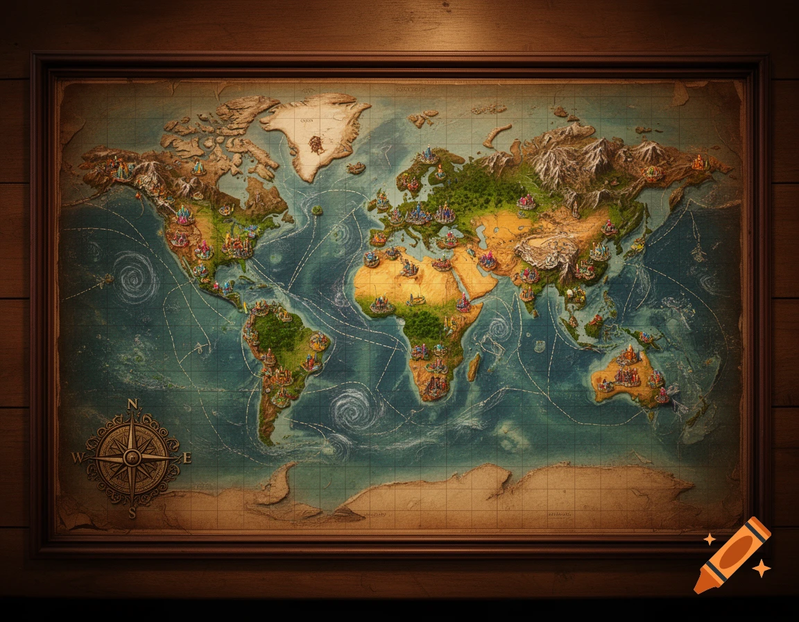A richly detailed, stylized fantasy world map with vibrant landmasses, diverse terrain, tiny cities, and a compass rose, in a wooden frame.