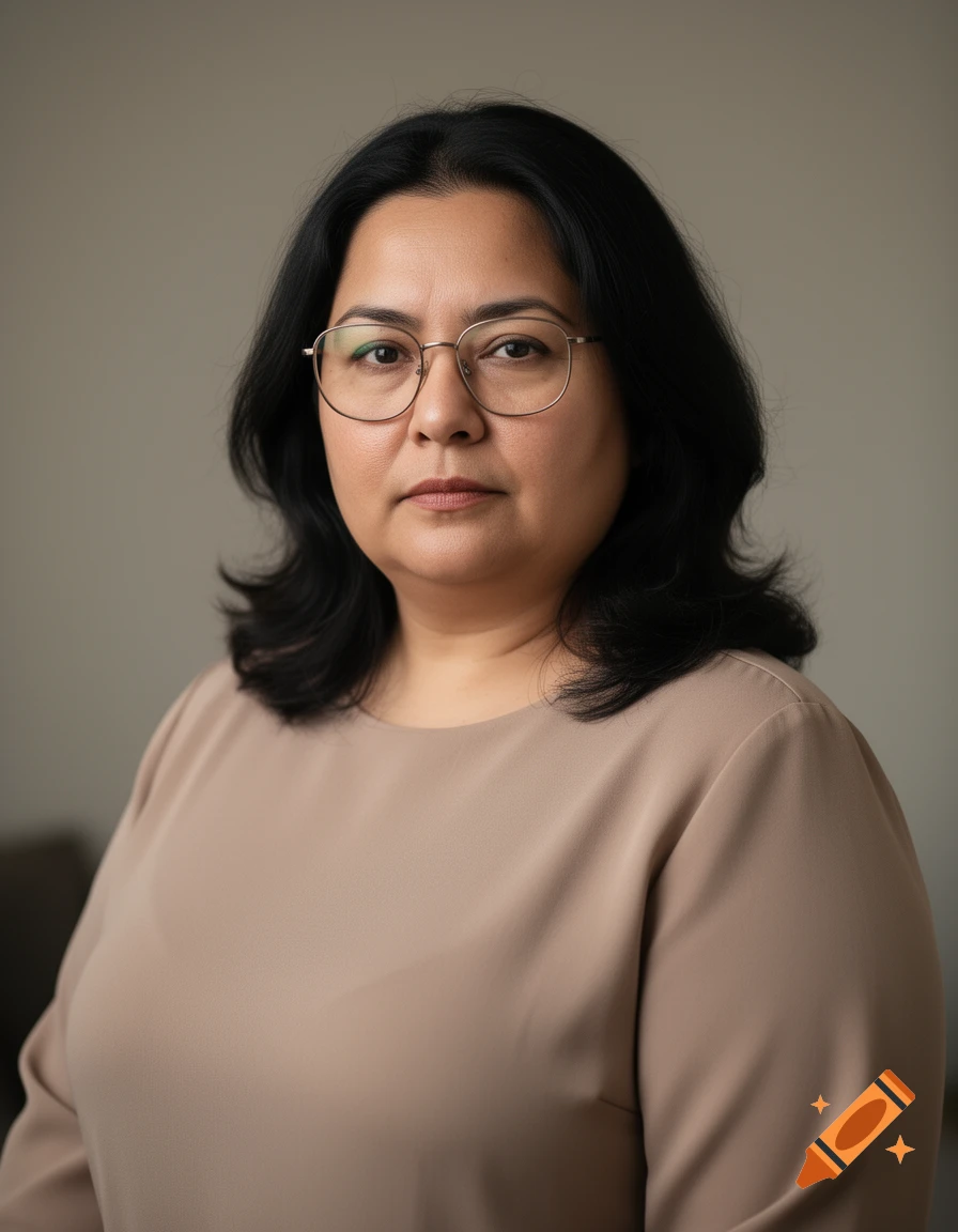 A photorealistic portrait of a woman with dark, mid-length hair, glasses, and a serious expression, wearing a beige top.