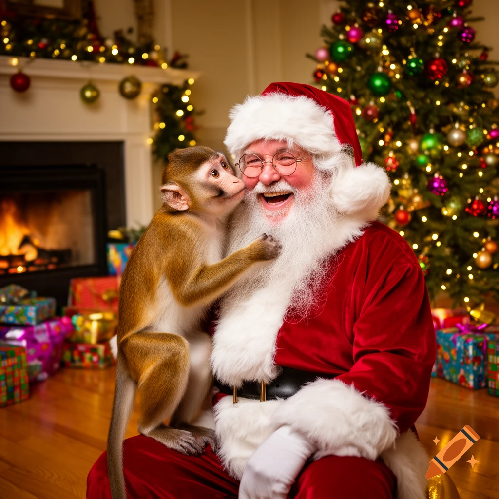 A photorealistic image of a laughing Santa Claus with a monkey on his lap nuzzling his cheek, in a festive Christmas living room.