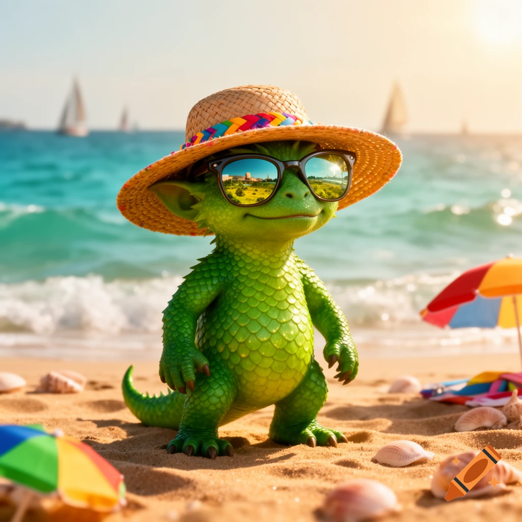 A green, scaly creature in a straw hat and sunglasses stands on a sunny beach with seashells, ocean waves, and sailboats.