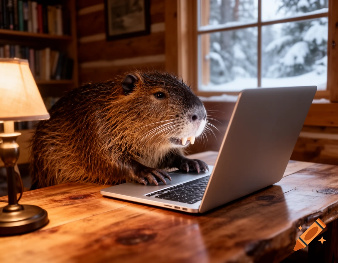 A furry nutria with prominent teeth sits at a wooden desk, typing on a laptop in a cozy cabin with a snowy view outside.