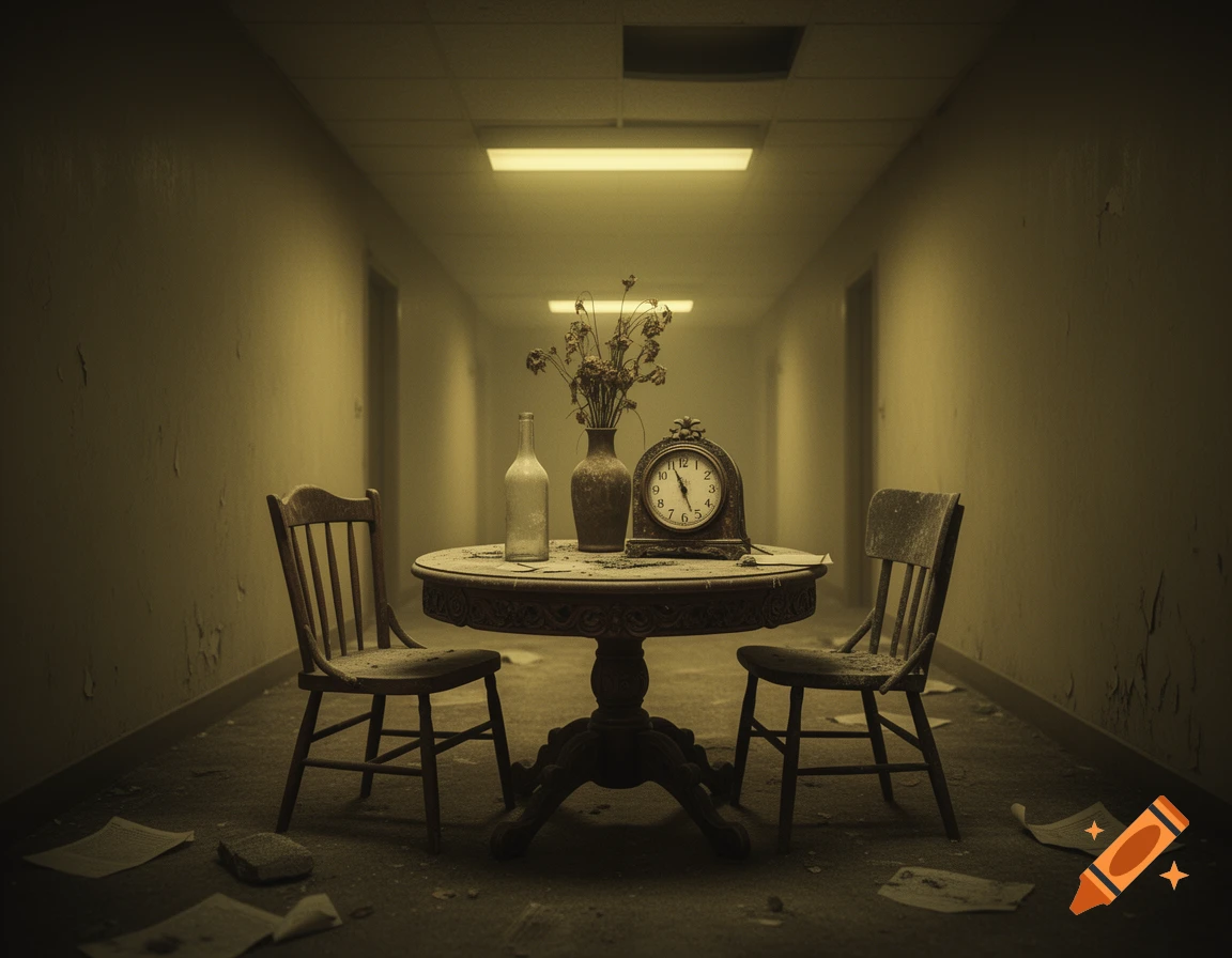 A dusty table with a vase of dead flowers, a bottle, and a clock, with two chairs in a desolate, dimly lit hallway.