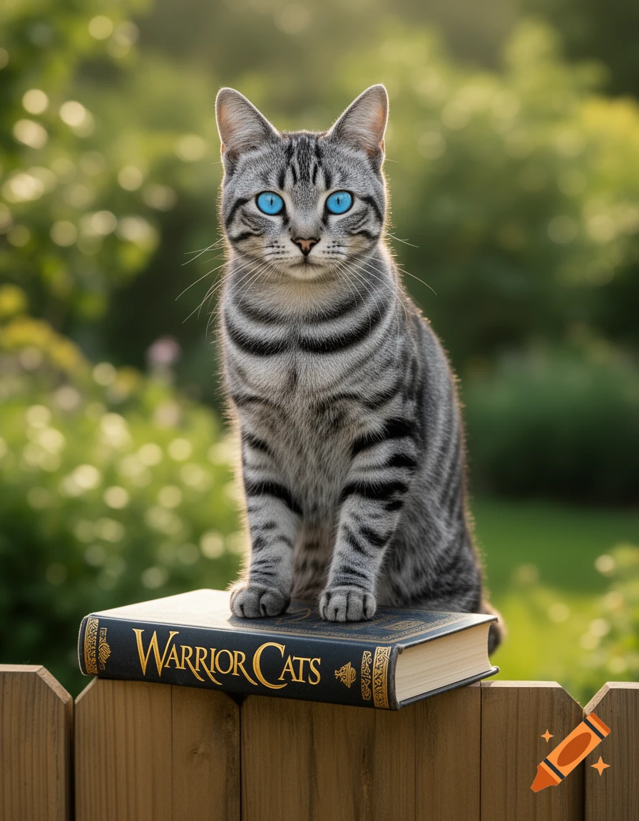 A photorealistic gray tabby cat with blue eyes sitting on a 'Warrior Cats' book on a wooden fence.