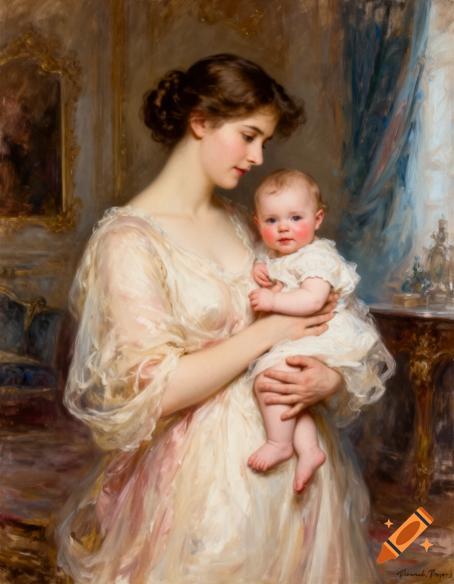 Oil painting of a mother in a light dress holding her baby, both looking down gently.