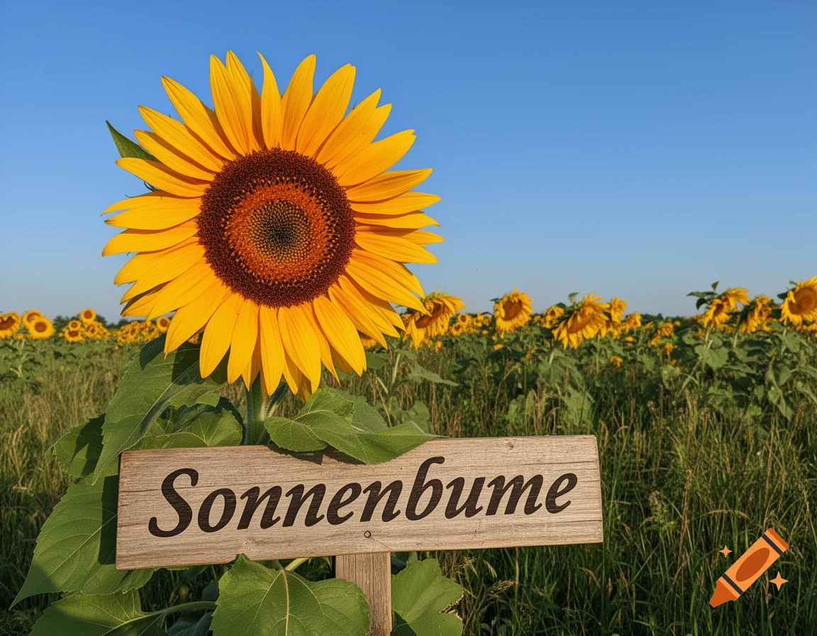 Close-up of a vibrant sunflower with a wooden sign reading 'Sonnenbume' in a sunlit field of sunflowers under a clear blue sky.