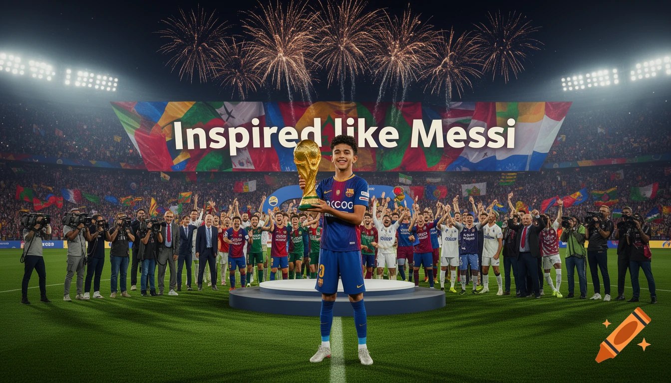 A young soccer player, Lamine Yamal, holds a golden World Cup trophy in a packed stadium under fireworks, surrounded by cheering crowds and media, with a banner that reads "Inspired like Messi".