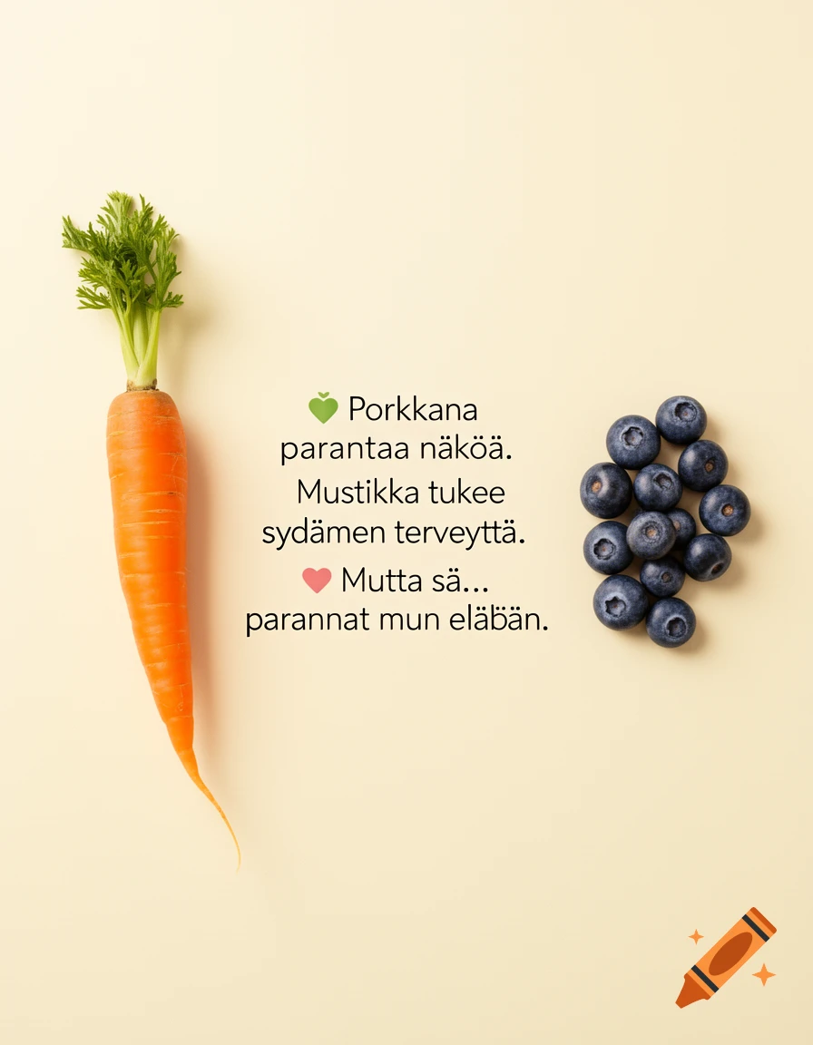 A minimalist poster with a carrot, blueberries, and Finnish text about improving vision, heart health, and life.