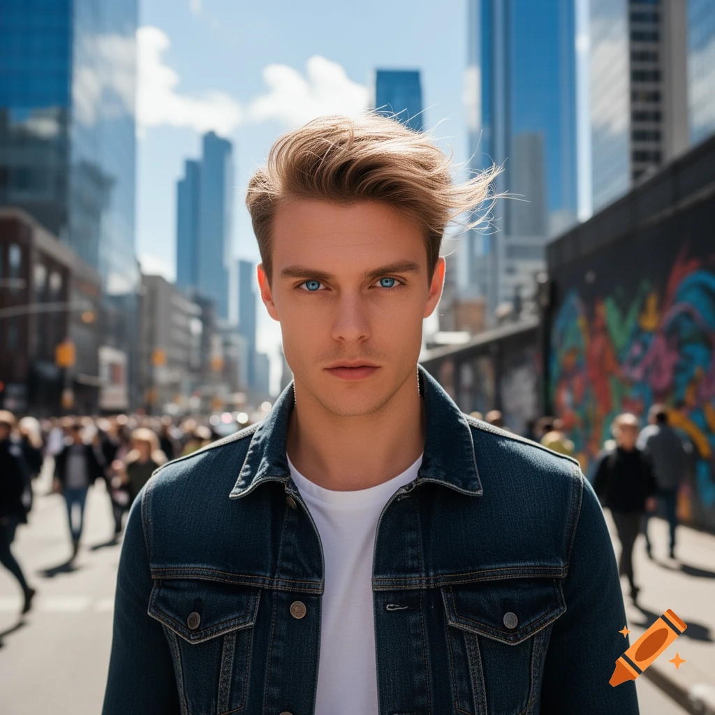 Photorealistic portrait of a young man with blonde hair and blue eyes in a denim jacket, standing on a city street.