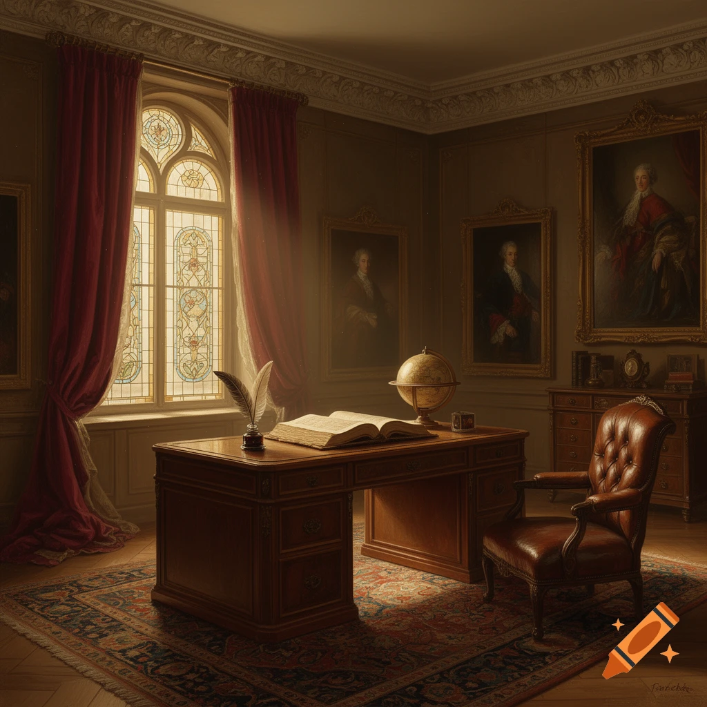 A grand, antique study room with a wooden desk, leather armchair, globe, open book, stained-glass window, red curtains, and framed portraits, depicted in a classical painting style.
