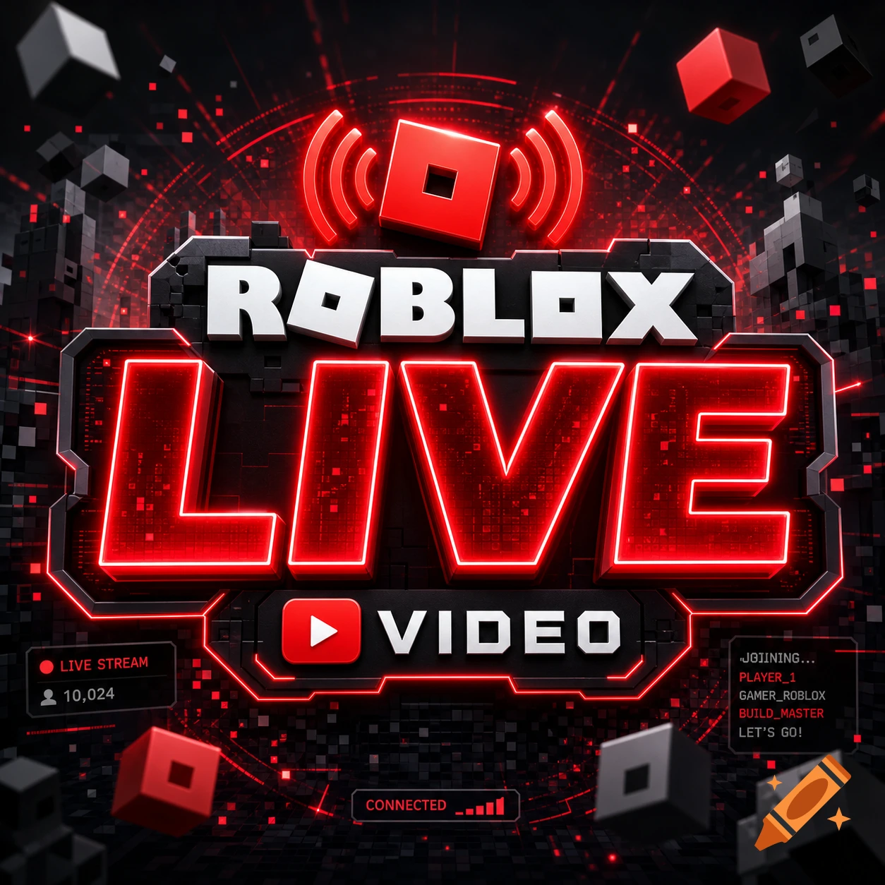A vibrant 3D logo with "ROBLOX LIVE VIDEO" in bold red neon, surrounded by glowing lines and floating black and red cubes.