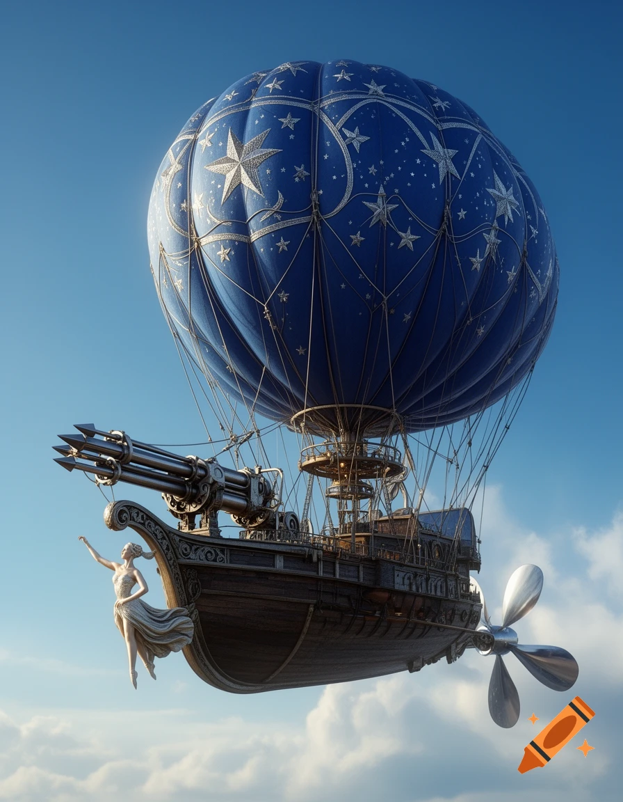 A fantastical steampunk airship with a star-patterned blue balloon, a dancer figurehead, and a large weapon, flying in a clear sky.