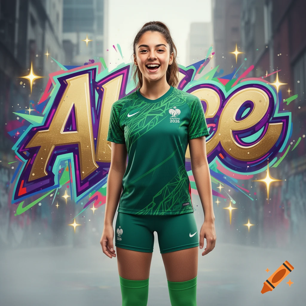 Smiling young woman in a green France 2026 sports uniform posing in front of a colorful Alice graffiti on a city street.